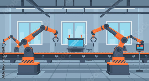 Robotic arms in a factory assembly line