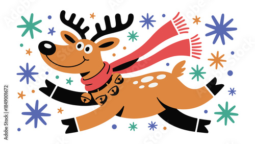 Whimsical Reindeer: A cheerful reindeer, adorned with a cozy scarf and joyful bells, leaps through a flurry of snowflakes, celebrating the festive season with playful abandon.
