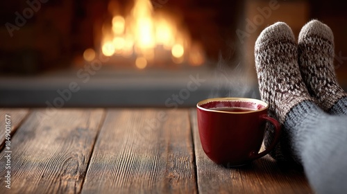Feet in warm, patterned socks rest on a cozy couch with a cup of coffee nearby, while a crackling fire adds to the comfort of the scene