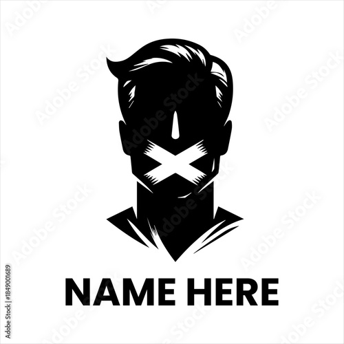 Black Silhouette of a Person with an 'X' Symbol Over Their Mouth, Symbolizing Silence or Censorship, Below the Text 'Name Here'