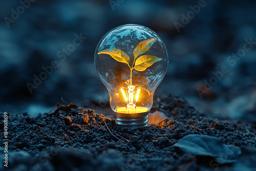 A small green plant grows inside a glowing glass lightbulb placed on dark soil, symbolizing eco innovation, clean energy, sustainability, and environmental responsibility.