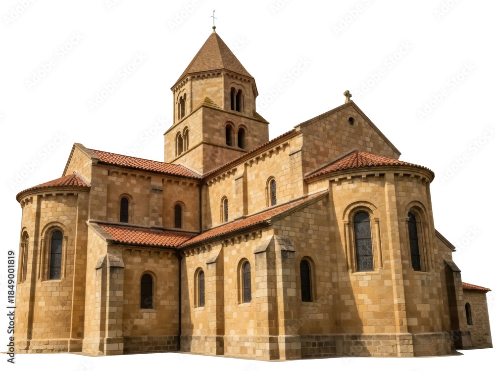 Fototapeta premium Isolated Romanesque church building with clay tile roof, weathered stone, and no background
