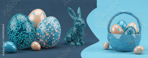 Futuristic Easter Sale Banner Template featuring digital glowing eggs, wireframe rabbit, and geometric basket in modern blue tones.