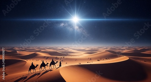 The Magi on a journey through the desert at night. Three wise men in a caravan following the bright star of Bethlehem. Biblical Christmas nativity scene