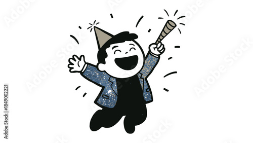 Joyful Celebration: Animated illustration of a happy individual, celebrating a special occasion with a party hat and a noisemaker, capturing the essence of excitement.