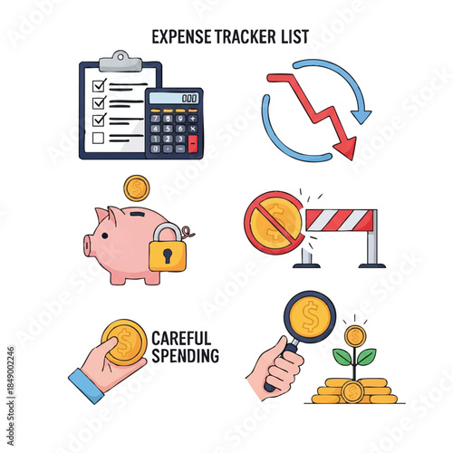 Flat lay of a colorful cartoon illustration depicting financial concepts with a calculator, piggy bank, coins, and expense tracker list on a white background with a careful spending mood.