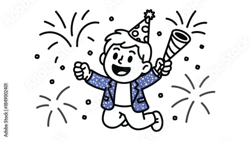 Celebration Cartoon: A joyous cartoon character jumps in celebration, holding a party favor, set against a backdrop of festive fireworks.