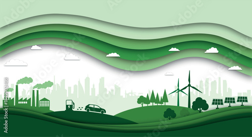Cityscape meets nature: a layered illustration of green energy and urban life