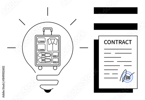 Lightbulb containing organized suitcase beside a legally signed contract. Ideal for travel planning, business agreements, creative thinking, logistics, entrepreneurship, efficiency, simple flat