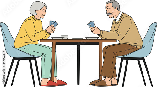 Elderly couple playing cards at table vector illustration representing leisure activity, companionship, retirement lifestyle, and social interaction in senior life