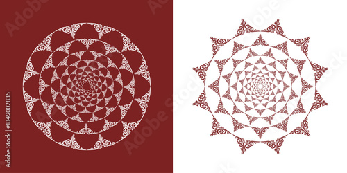 Maroon and white intricate circular mandala vector ornament for meditation and spa branding