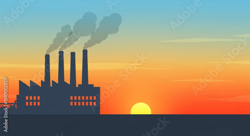Industrial factory silhouette at sunset with smokestacks