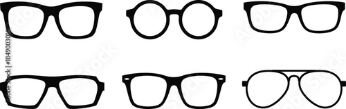Eyeglasses frame silhouette vector set featuring various optical glasses shapes, minimalist black outline collection for vision, fashion, and eyewear design