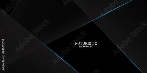 3D black techno abstract background overlap layer on dark space with blue light lines effect decoration. Graphic design element with polygonal cutout style concept for flyer, card, or brochure cover