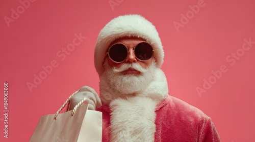 Festive figure wearing sunglasses and holding a shopping bag against a solid colored background