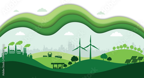 A green landscape displays a balance between industry and renewable energy sources