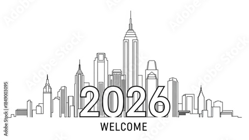 New Year Skyline: A modern, minimalist illustration of a cityscape with the year 2026 prominently displayed, welcoming the future.