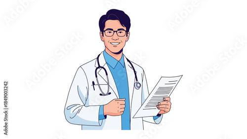 Smiling Doctor in White Coat: An experienced doctor, radiating assurance in a crisp white coat, holds medical paperwork, highlighting a scene of medical care and compassion.