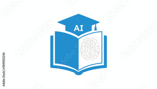 AI education concept with open book and graduation cap. Artificial intelligence learning vector icon. Smart study symbol with brain circuit illustration