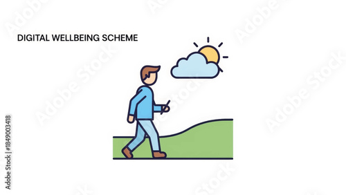Digital wellbeing scheme concept illustration. Flat design icon of a man walking outdoors. Mental health and healthy lifestyle vector graphic