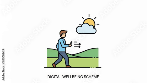 Digital wellbeing scheme icon. A man walking outdoors with a smartphone for a digital detox. Flat design vector illustration