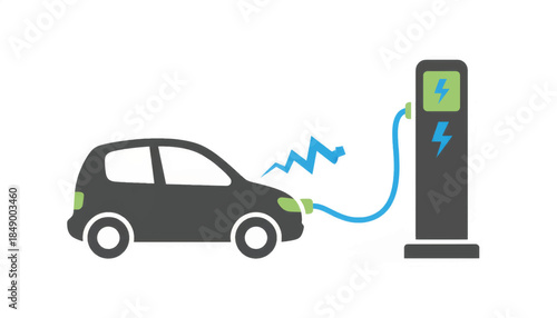 Electric car charging station icon. EV vehicle connected to power supply. Flat design vector illustration