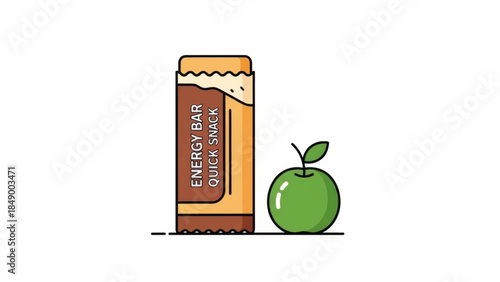 Energy bar and green apple vector illustration. Healthy quick snack concept with fruit and protein bar. Flat design food icon isolated on white background