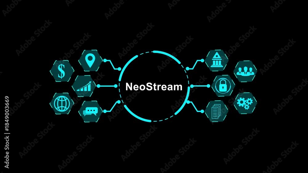 Neo Stream Digital Network with Business and Technology Icons on Black ...