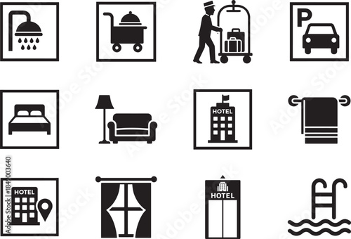Hotel icon set in EPS vector, perfect for travel, booking apps, tourism, and hospitality design.