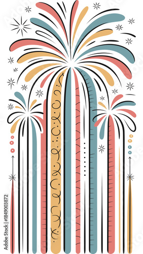 Festive Fireworks Display: A vibrant, artistic depiction of fireworks illuminating the night sky, celebrating a joyous occasion with bursts of color and light. 