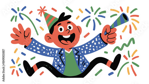 Party Time: An illustration of a cheerful person celebrating with colorful party elements, capturing the joyous spirit of a festive occasion.