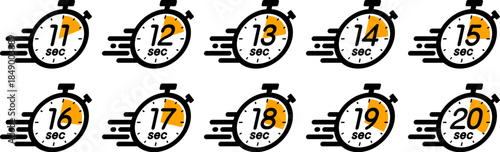 スピード感のある時間を示す時間管理のアイコン（stopwatch icon　11sec/12sec/13sec/14sec/15sec/16sec/17sec/18sec/19sec/20sec）
