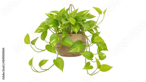 Bilde på lerret Isolated Pothos plant, Epipremnum aureum, cascading from a brown woven hanging p