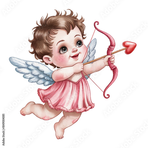 A cherubic figure with wings is depicted holding a pink bow and a heart-tipped arrow.