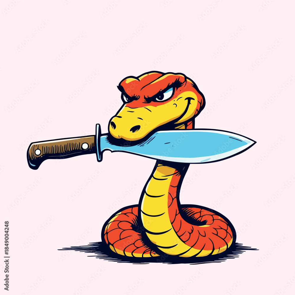 Obraz premium Vsai angry cartoon snake holding a knife mascot