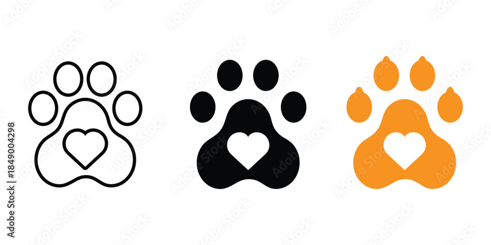 Fototapeta premium Pet footprint icon set. Heart with dog, cat pet footprint. Footprint print sign and symbol