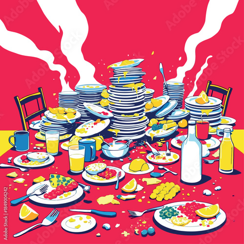 Vsai messy table after dinner with stacks of dirty dishes