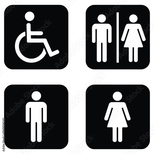 restroom and accessibility icons set with male female and wheelchair symbols, simple black square signage illustration for public facilities and wayfinding