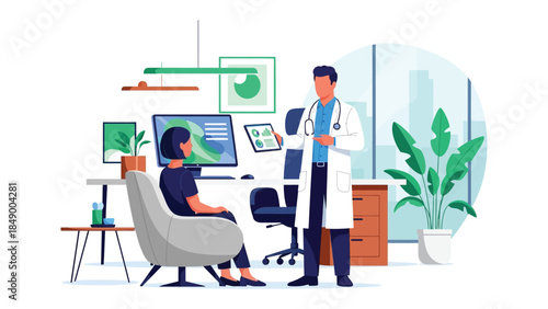 Medical Consultation: A digital illustration depicts a healthcare professional offering a digital tablet consultation to a seated patient in a well-lit doctor's office, fostering trust and care.
