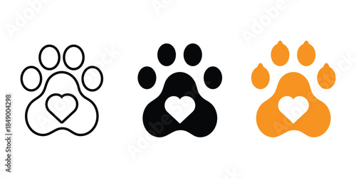 Pet footprint icon set. Heart with dog, cat pet footprint. Footprint print sign and symbol