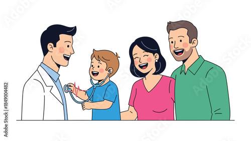 Playful Healthcare: A child playfully examines a doctor, watched by their parents, highlighting the importance of family healthcare, and fostering trust and understanding in medical environments.