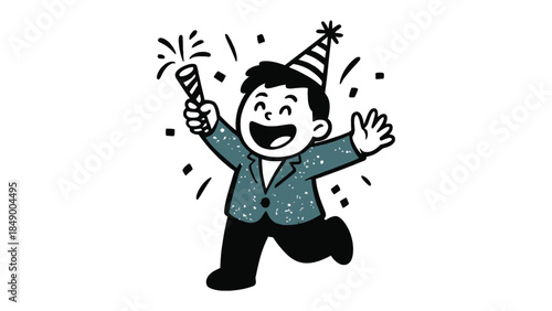 Party Time Joyful Illustration: A gleeful individual, donning a festive hat and wielding a celebratory noisemaker, sprints forward, surrounded by cheerful confetti, embodying pure delight.