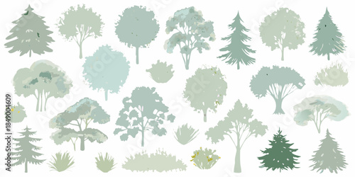 Collection of various illustrated trees and foliage in muted green shades