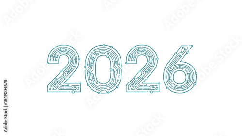 Digital Circuitry of 2026: The year 2026 is artfully constructed with a circuit board design, which underscores themes of technological advancement, innovation, and futuristic projections.