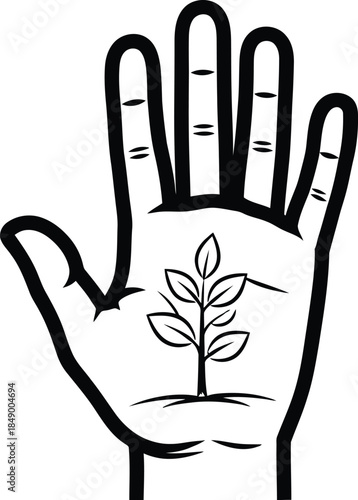 A minimalist illustration of a human hand nurturing a growing plant, symbolizing sustainability and eco-friendliness.