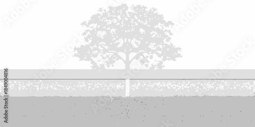 A simple gray illustration of a tree behind a low concrete wall
