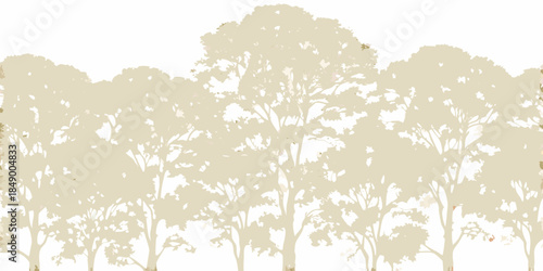 Silhouetted trees against a light beige background create a peaceful natural scene