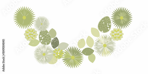 A decorative arrangement of stylized green plants and floral shapes