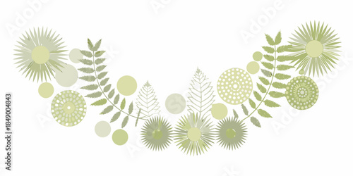 Delicate botanical arrangement featuring stylized leaves and circular floral elements