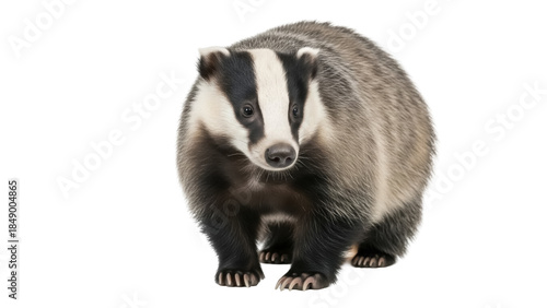 Isolated European badger, nocturnal omnivore mammal, standing facing forward, wildlife animal